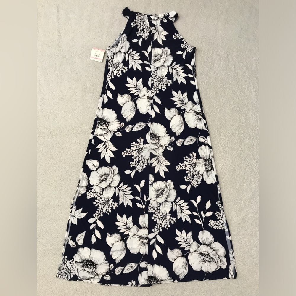 Anne Klein Floral Maxi Dress Navy Blue White Stretchy Size 10 - Picture 10 of 12